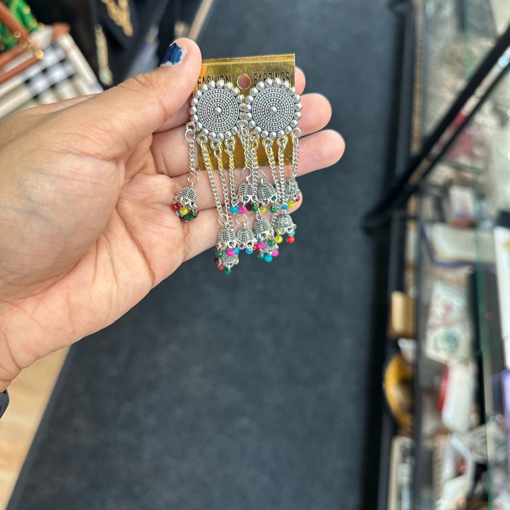 Silver Dangle Earrings with Multicolor Beads